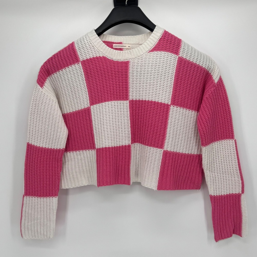 Moon & Madison Pink Ivory Checkered Cropped Knit Sweater Size M Oversized